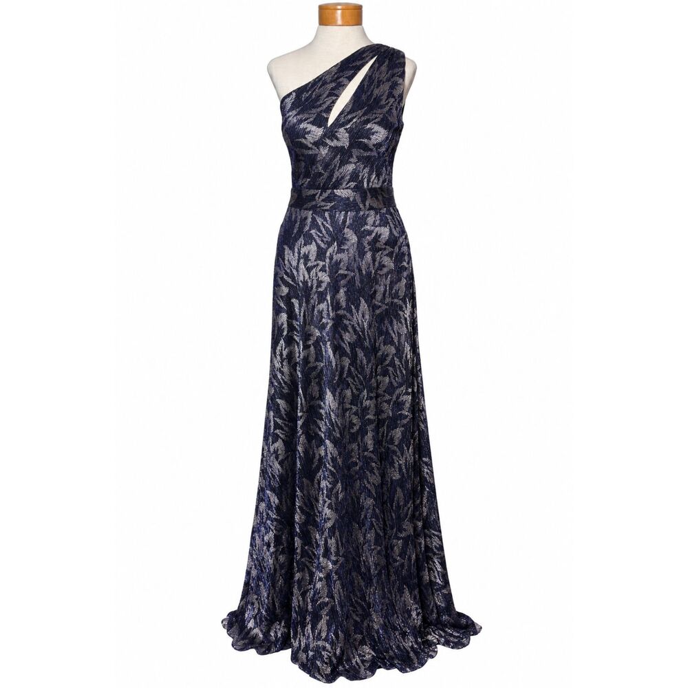 Betsy & Adam One Shoulder Metallic Floral Gown Navy Gunmetal Dress Size 12 NWT